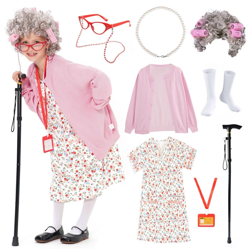 FAYBOX 9 pcs Old Lady Costume for Kids 100 Days of School Costume Old Lady Wig for Girls Halloween Granny Grandma Dress Up - Image 1